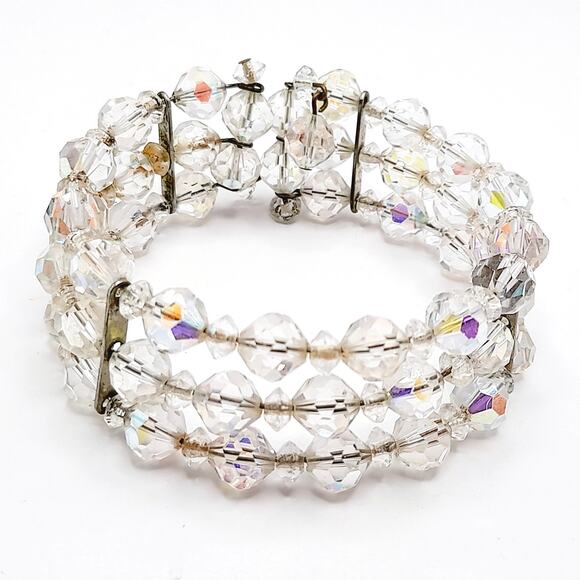 Vintage 1950s Aurora Borealis Crystal Beaded Bracelet, 3-Row Memory Wire Jewelry - Picture 3 of 11